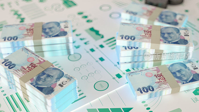 成堆的土耳其里拉钞票与金融图表
