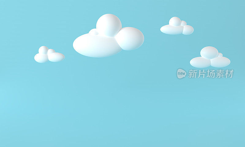蓝色背景上的白色3d云。在蓝天中渲染柔软的圆形卡通蓬松的云朵。三维几何图形插图。三维渲染云景水平背景。横幅蓝天