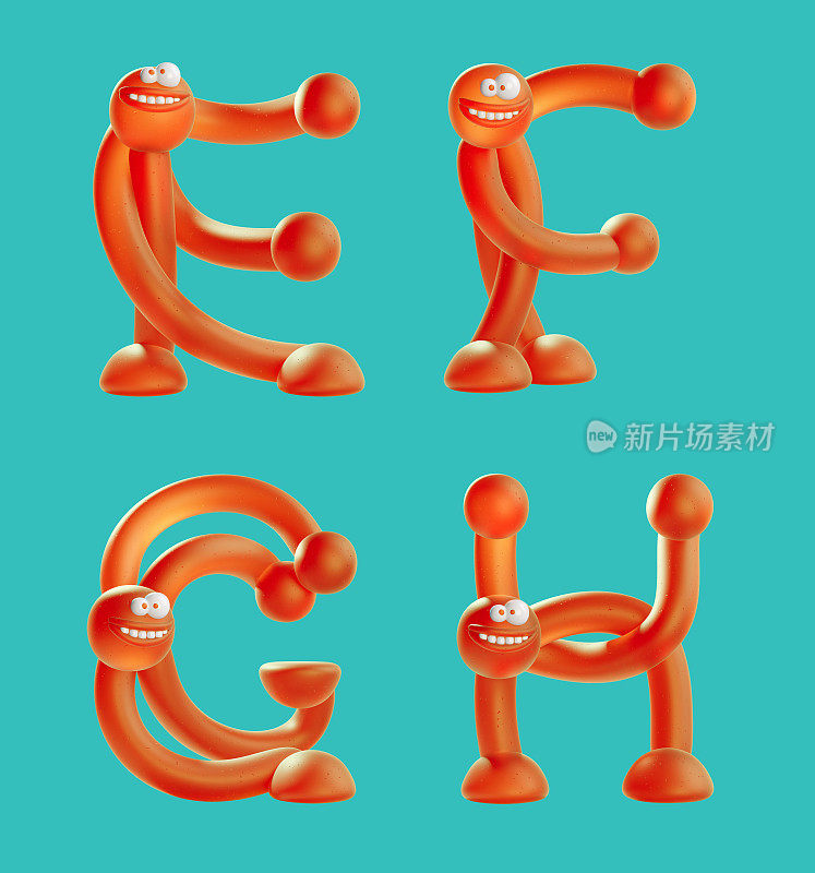 可爱的橙色人类的3d渲染成英文字母的形状