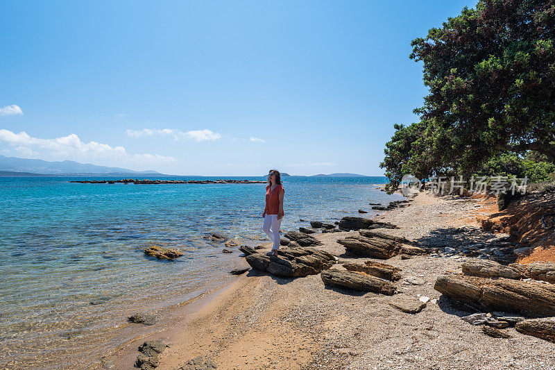 女旅行者从多石的地方眺望大海