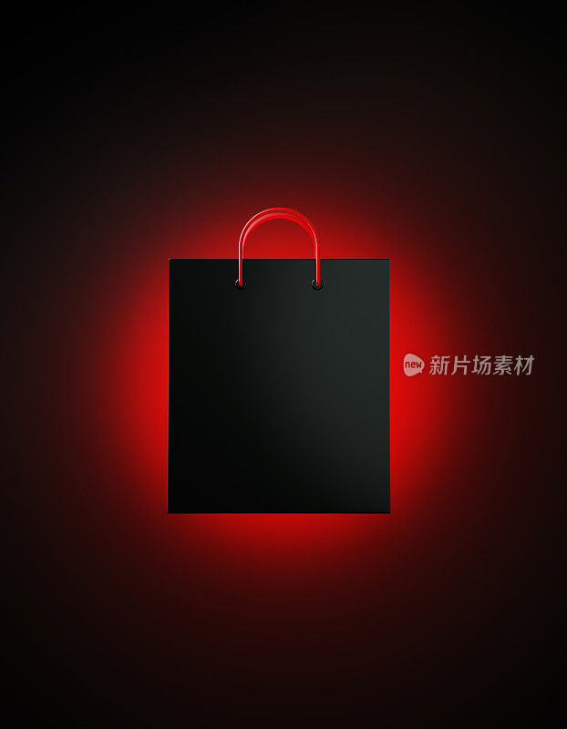 黑色星期五购物概念:黑色背景上发光的黑色购物袋