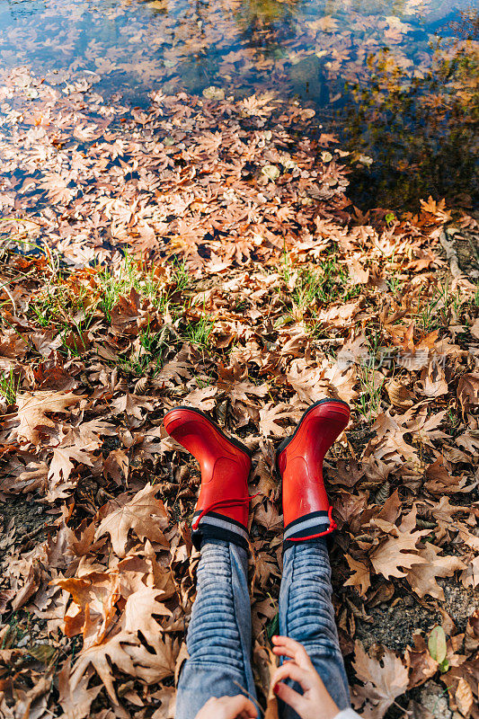 一个孩子脚上的红靴子，在满是干燥枫叶的童年秋林里，