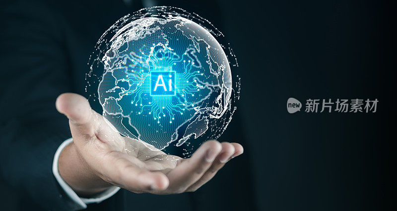 AI，人工智能，科技智能机器人AI，商人用AI帮助工作，AI学习和人工智能。商务，聊天机器人，助理，现代科技，互联网和网络。