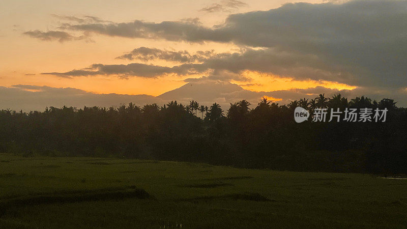 日出时巴厘岛乌布稻田里的火山