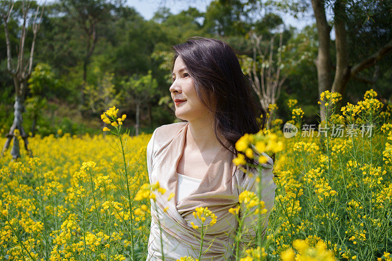 亚洲女人在油菜花的海洋里