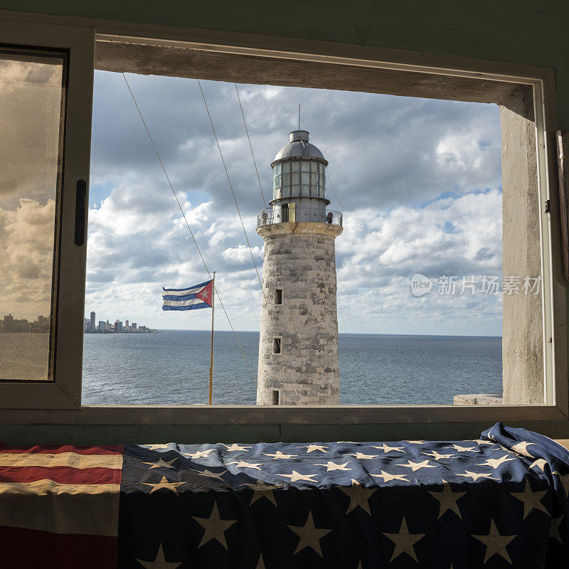 古巴和美国国旗在哈瓦那