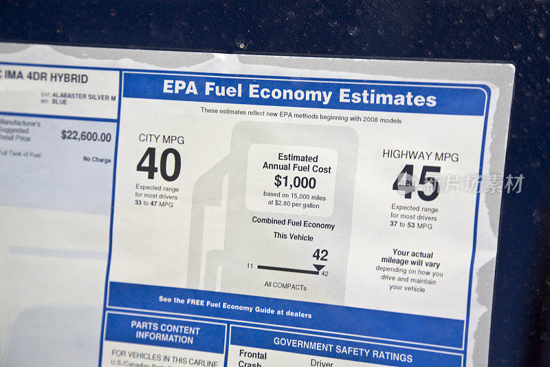 EPA车窗贴纸的新型节能混合动力汽车