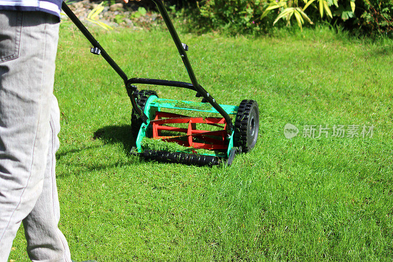 园丁用推式割草机、圆筒割草机割草坪的形象