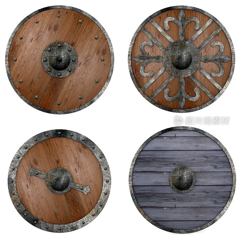 四个圆形的木制盾牌与各种金属装饰