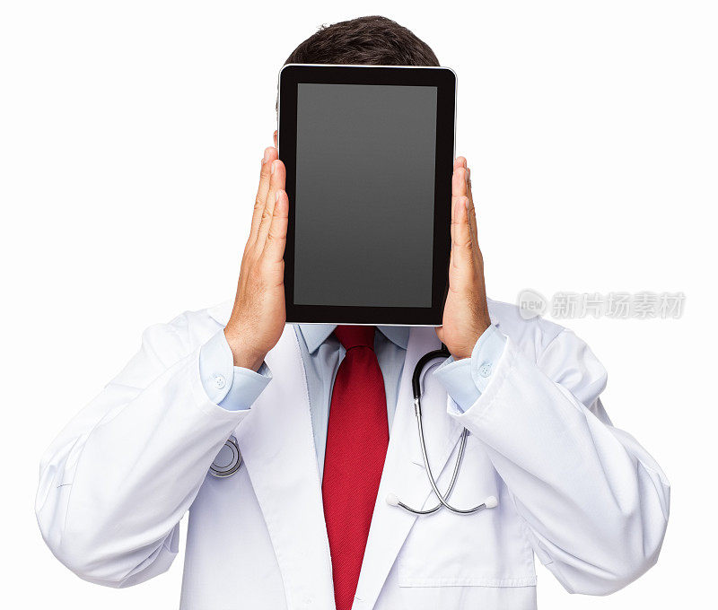 医生拿着数字平板在前面的脸-孤立