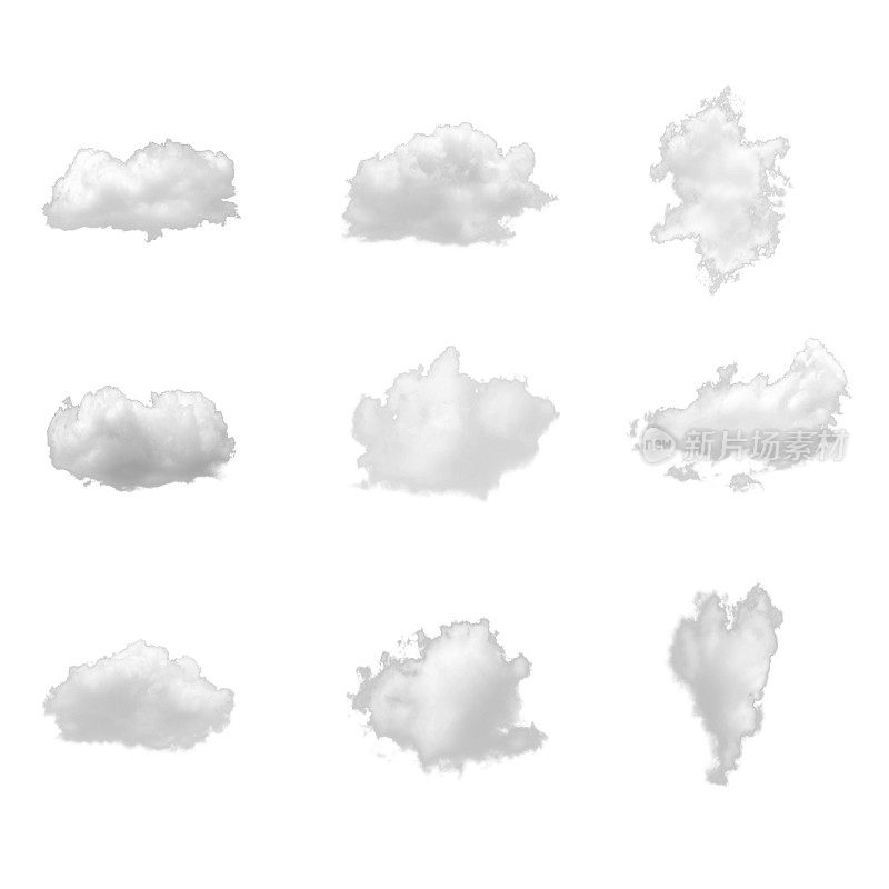 大自然的白云聚集在白色的背景上