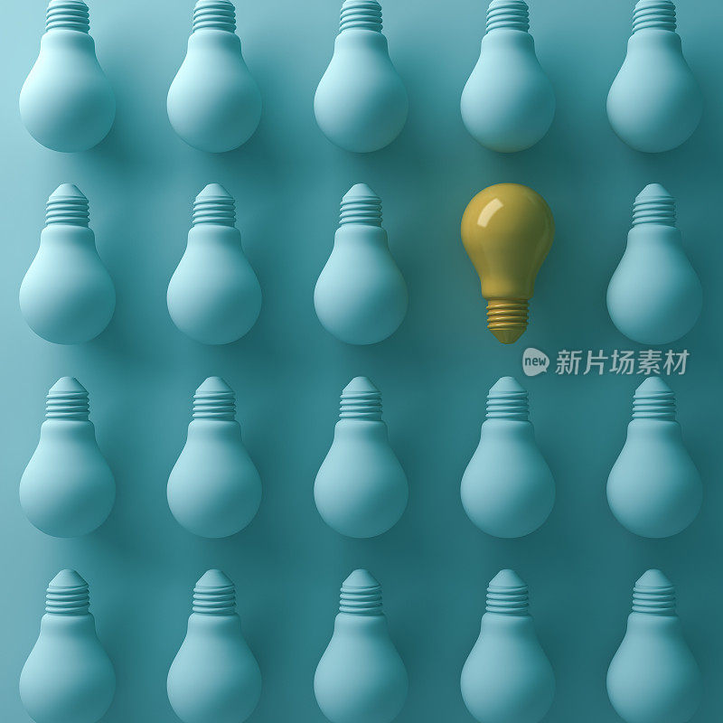 想不同的概念，一个黄色的灯泡从未点亮的绿色白炽灯中脱颖而出，有阴影和阴影，个性和不同的商业创意概念。三维渲染