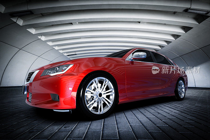 现代红色金属轿车在城市设置-隧道。通用设计,brandless