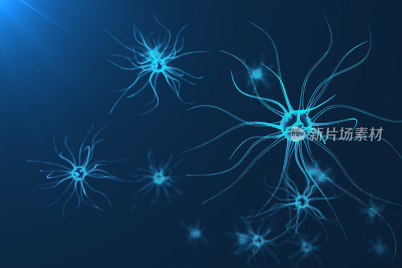 带有发光连接节的神经元细胞的概念性图解。突触和神经元细胞发送化学电信号。用电脉冲连接神经元的神经元，3D渲染