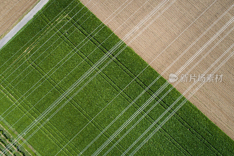 农业区域，田野和输电线路-鸟瞰图