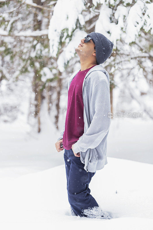 年轻的印度男子戴着无檐帽，抬头望向雪地