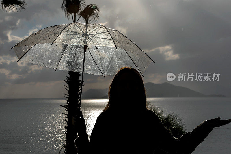 女人在雨中撑着伞