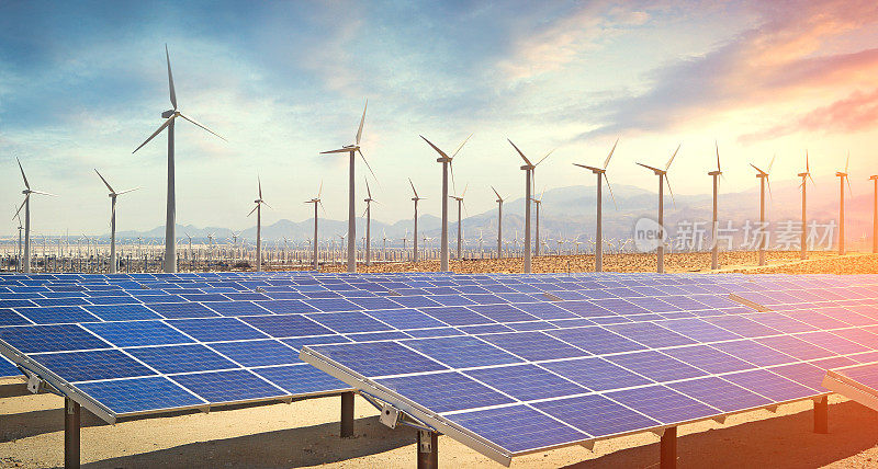 太阳能电池板和风力涡轮机生产绿色能源