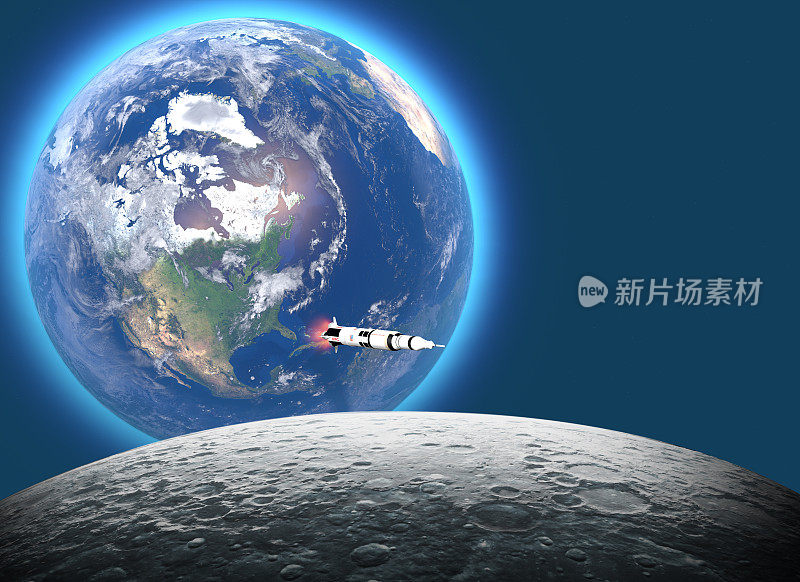 土星五号火箭向月球发射，标志着人类登月50周年。阿波罗任务11。地球和月球。三维渲染