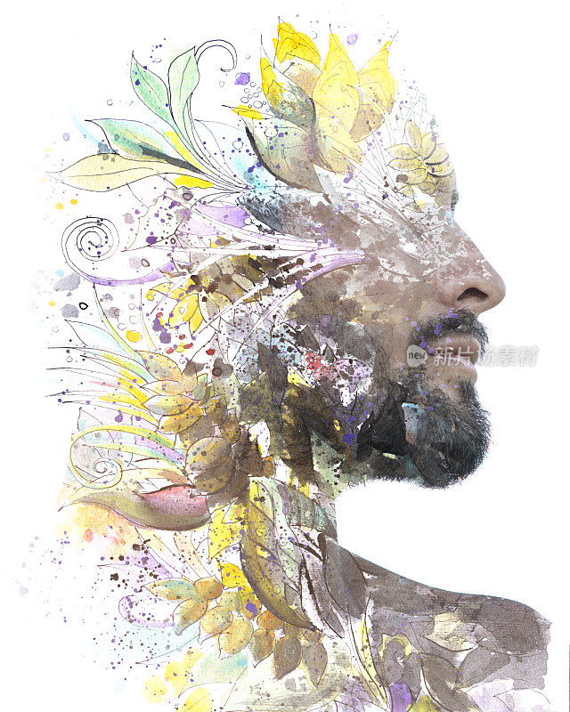Paintography。双重曝光。近距离的男子肖像与强烈的特征和轻胡子溶解背后手绘花卉水彩和水墨
