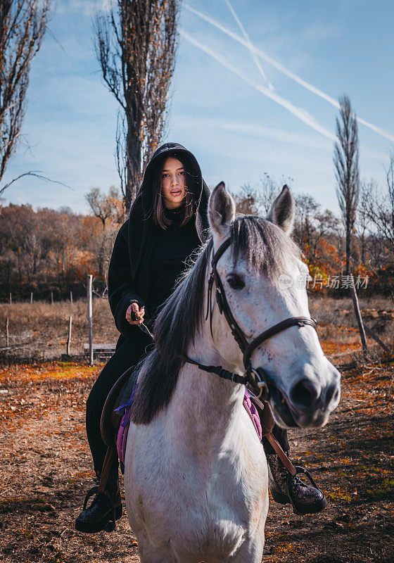 在一个阳光明媚的日子里，一个女人牵着一匹马在牧场上