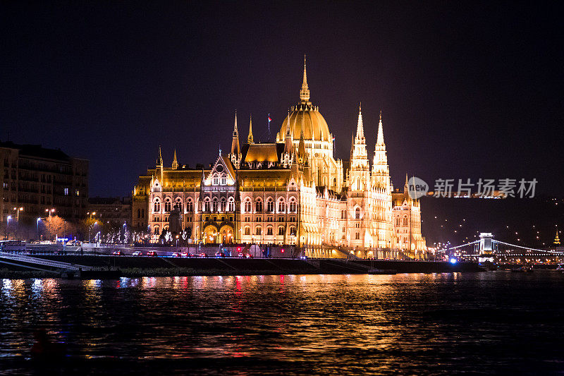 从多瑙河上看，匈牙利国会大厦夜间灯火通明