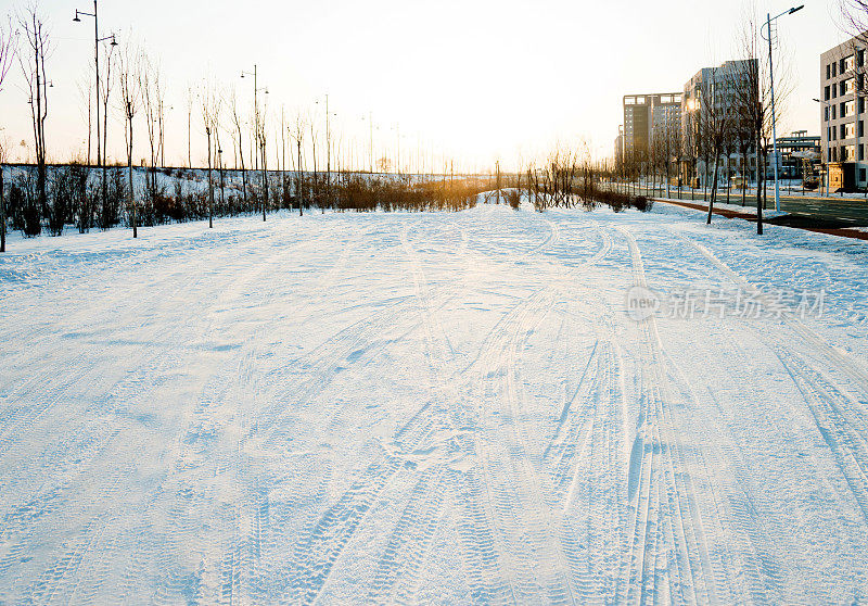 雪地上的车胎痕迹