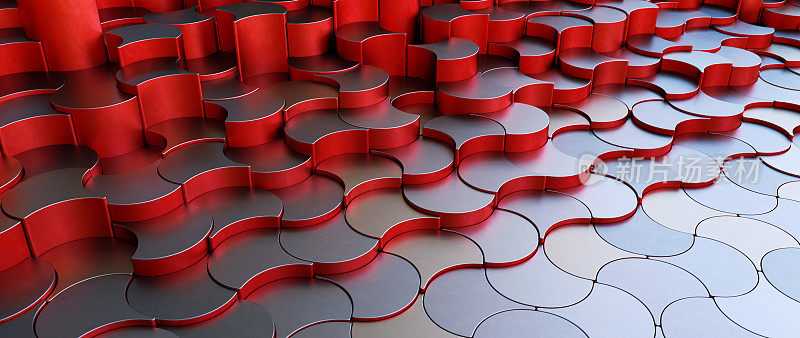 未来主义艺术结构设计，红色金属拼图瓷砖块从地板升起，特写构成