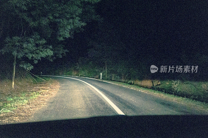 夜间穿越雨林的道路。