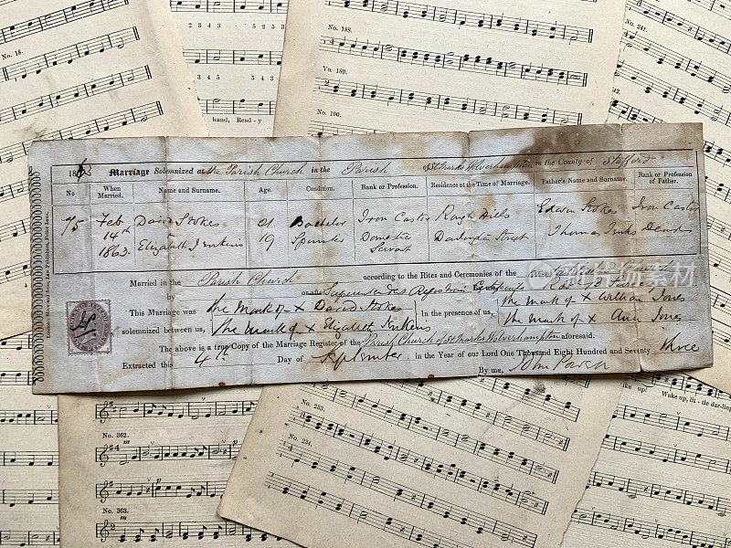 19世纪英国的结婚证和音乐书