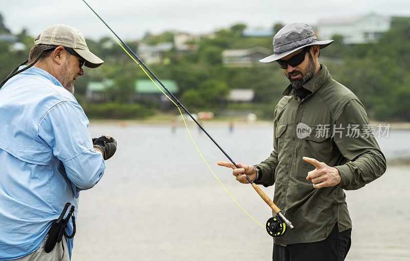 两个渔夫在夏天一起用飞蝇钓鱼