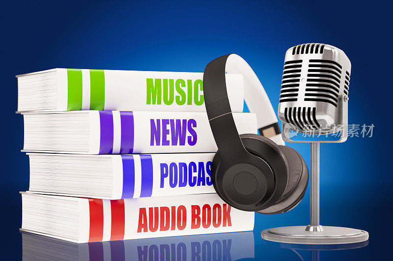 有声书概念与音乐新闻播客书籍耳机和复古麦克风