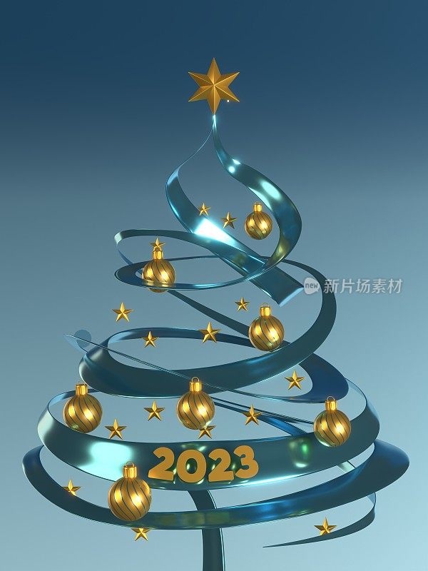 2023年新年贺卡和蓝色背景的圣诞树