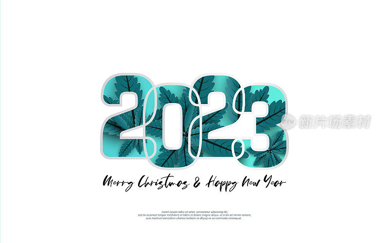 2023年新年快乐，圣诞快乐。在白色背景上设计蓝色叶子内部编号。