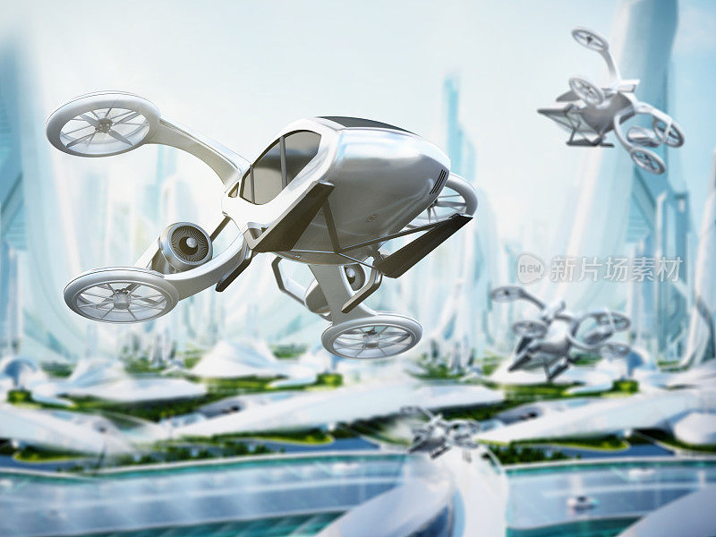 概念eVTOL(电动垂直起降)飞机飞过现代城市上空