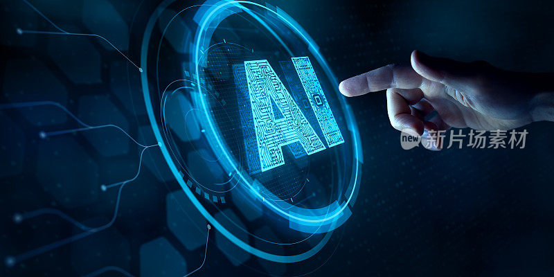 虚拟屏幕界面上手指触摸AI按钮的人工智能和机器学习技术。工程师与聊天机器人，智能助手，创新的神经网络和数据。