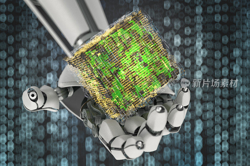 未来AI概念机器人的手拿着发光的抽象超立方体