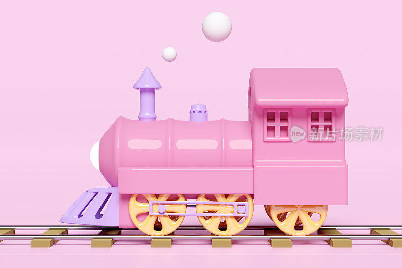 3d机车与铁路轨道，蒸汽火车运输玩具，夏季旅游服务，规划旅客旅游列车孤立在粉红色的背景。侧视图，3d渲染插图，剪辑路径