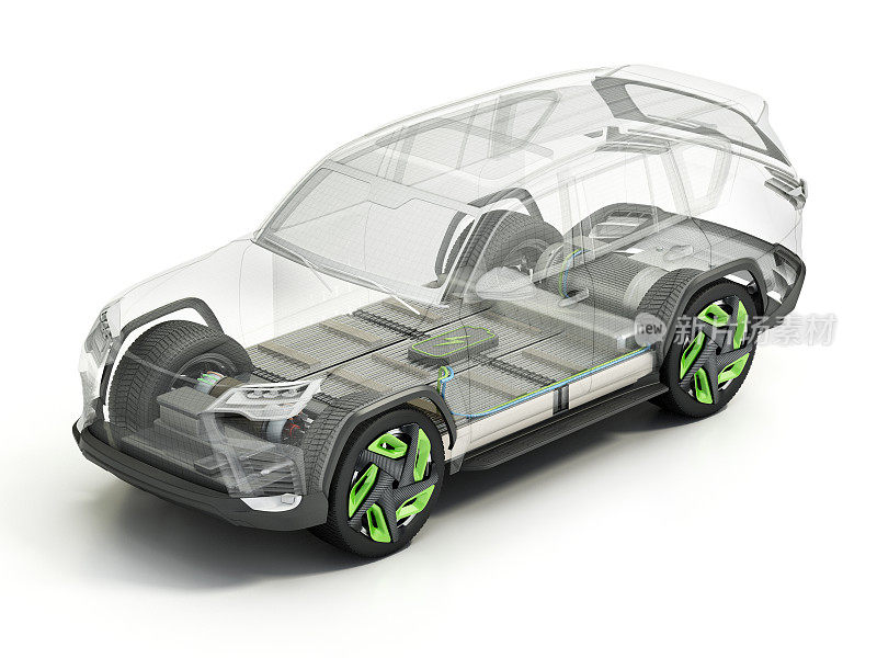 电动SUV，透明的车身和底盘，电动机和电池