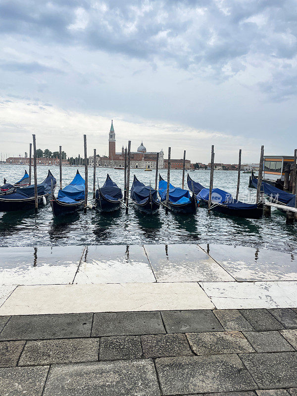 一排有盖的贡多拉，系在木桩上的系泊船，漂浮在威尼斯泻湖滨水区的水面上，意大利威尼斯，建筑物，重点在前景