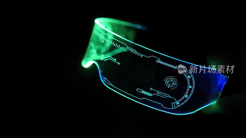 右视图的眼镜护目镜彩色霓虹灯，未来的数字创新概念，发光在黑暗的背景，网络设备，游戏头戴式耳机，对象，LED