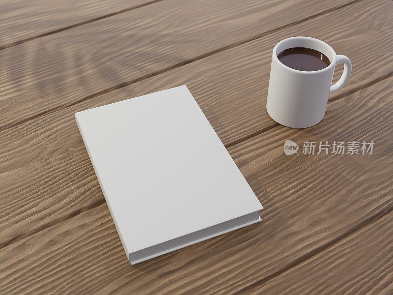 空白的书模板在木制表面与咖啡杯。3D渲染图