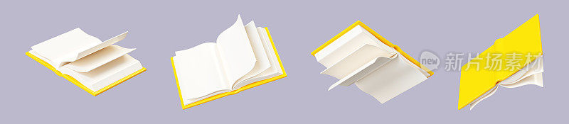 打开的纸质书，白色的书页和黄色的硬封面漂浮在空中，在不同的角度。三维渲染