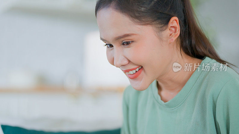 有魅力的聪明的亚洲女人放松地坐在沙发上，带着宠物哈巴狗波美拉尼亚参加在家工作，在现代公寓设计背景下使用笔记本电脑的城市生活方式