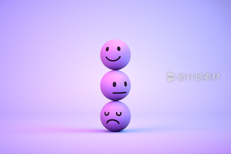 表情符号与微笑，悲伤和中性的脸在紫色的背景