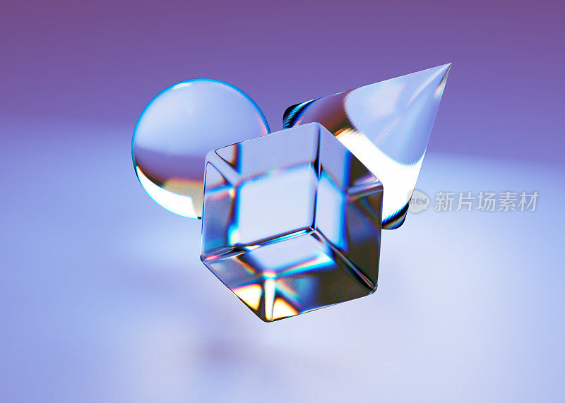 由玻璃制成的几何形状。具有全息折射的玻璃立方体、球体和锥体。三维渲染