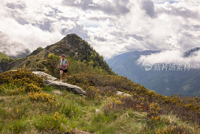 越野运动员穿越高山草地