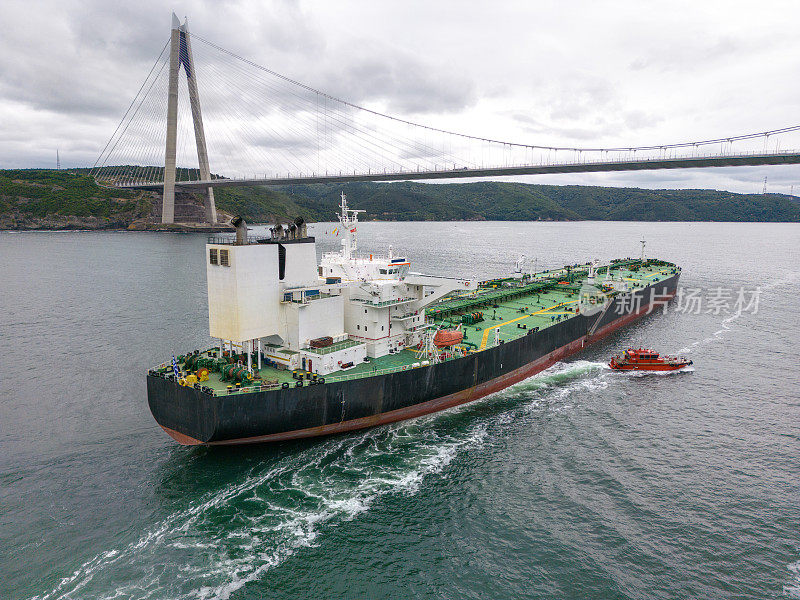 油轮在海上从炼油厂运输原油的鸟瞰图。