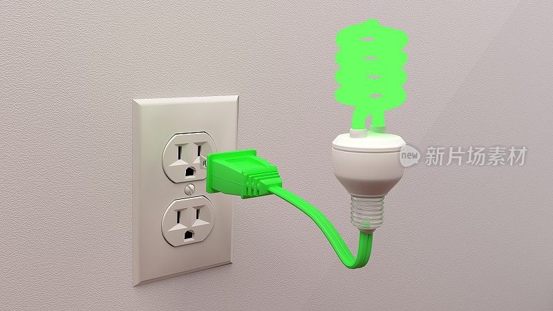 节能插头插座绿色灯泡概念