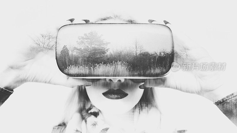 戴着虚拟现实眼镜的女人。双曝光虚拟现实概念。